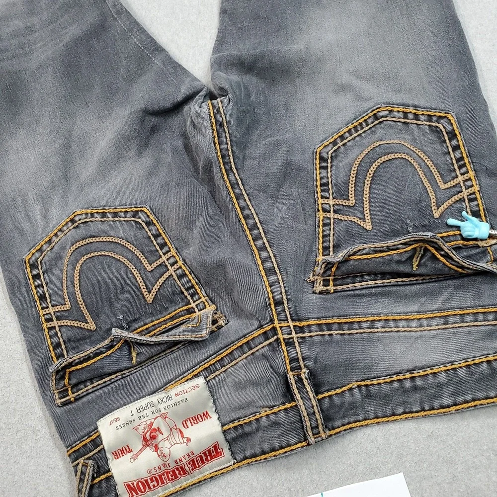 True Religion Men Jeans 36 Gray Denim Rocco Ricky Relaxed Straight Thick Stitch